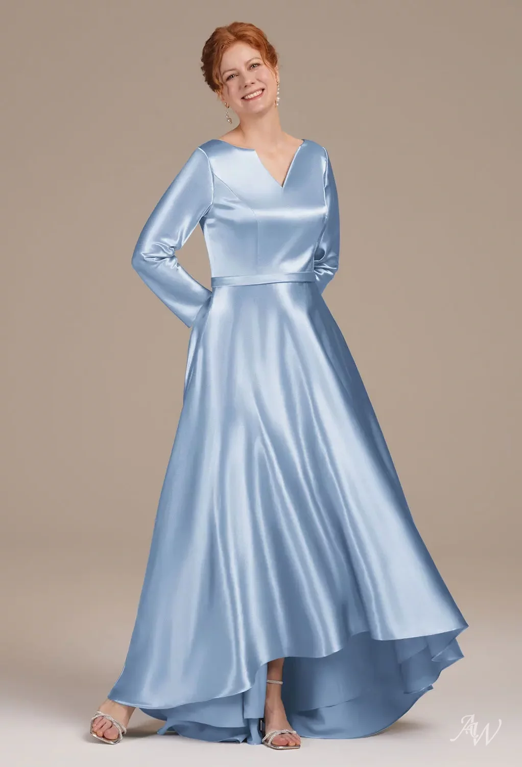 AW Presto Dress, Blue Ashes Crystal Satin Hi Lo V-Neck Mother of